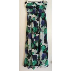 Shoshanna Navy and Green Floral Strapless Gown